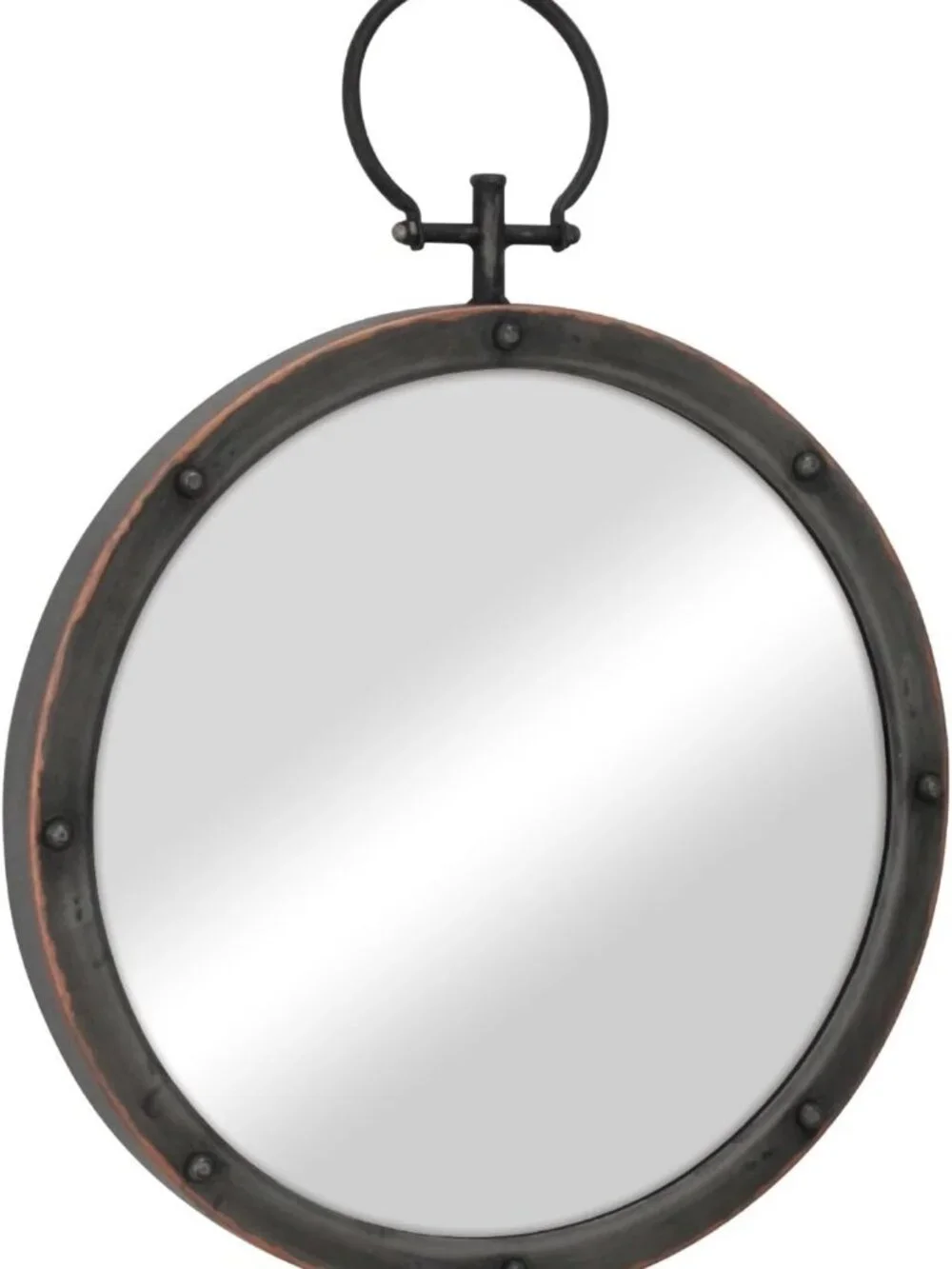 Rustic Bronze Round Metal Mirror with Rivet Detail & Hanging Ring, 21.1